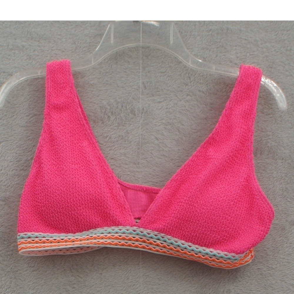 Hot Pink Textured V-Neck Bikini Top with Colorful Ric-Rac Trim Womens Small